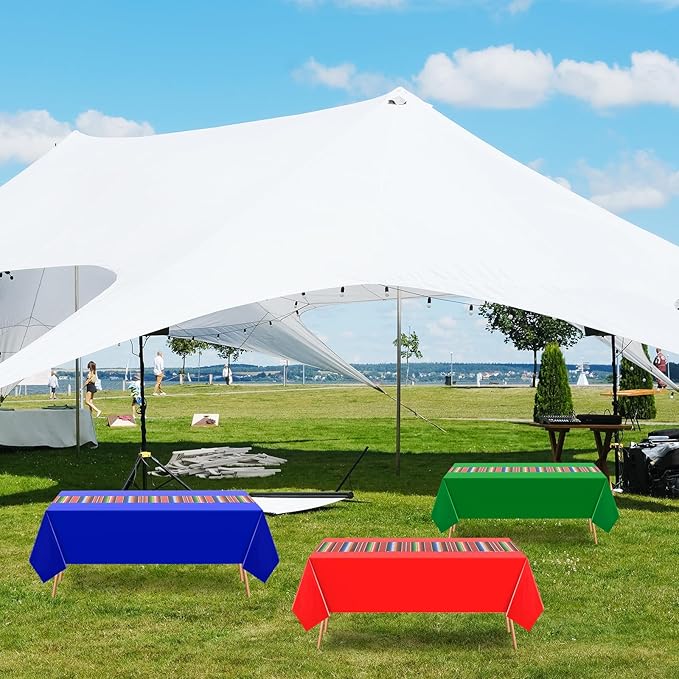 Oudain 3 Pcs Fiesta Tablecloth 108 x 54 Inch Plastic Tablecover Waterproof Mexican Tablecloth Mexican Striped Table Cover for Taco Night Festive Fiesta Wedding (Red,Green,Navy)