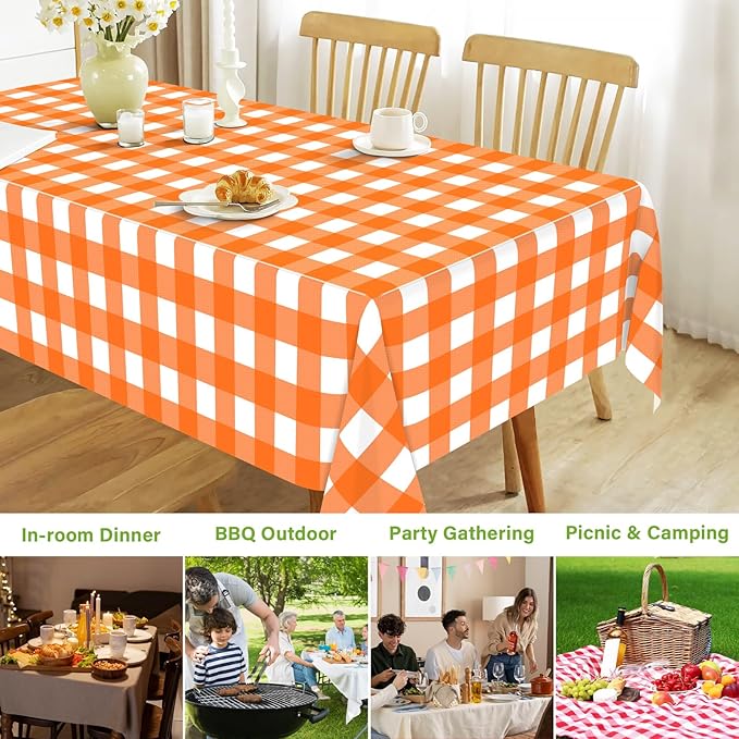 Mulbozy Orange Gingham Tablecloth 4 Pack, 54 x 108 Inch Plastic Table Cloth Disposable, Orange and White Checkered Table Cover for Party Supplies