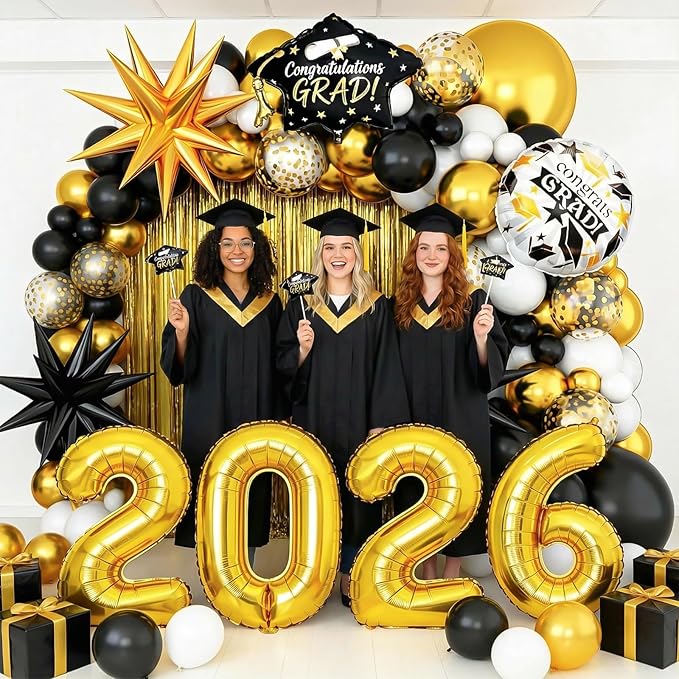 Graduation Balloons Garland Arch Kit, Graduation Balloons Class of 2026, Black and Gold White Latex Balloon with Foil Balloon for Class of 2026 Party Decor