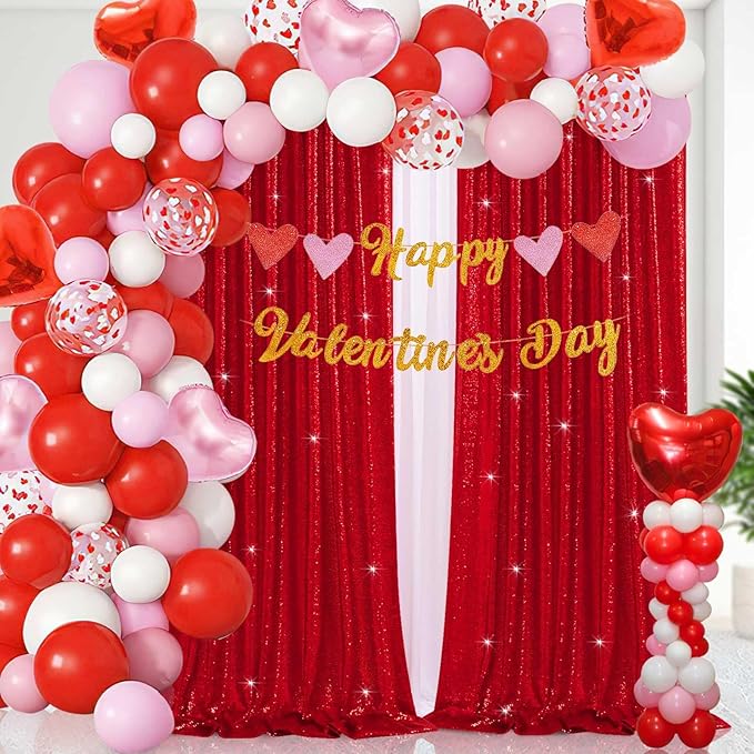 B-COOL Red Sequin Backdrop Curtain 2 Panels 2ftx8ft Shiny Valentines Backdrop Drapes Red Glitter Curtains for Wedding Party Birthday Anniversary Background Decoration