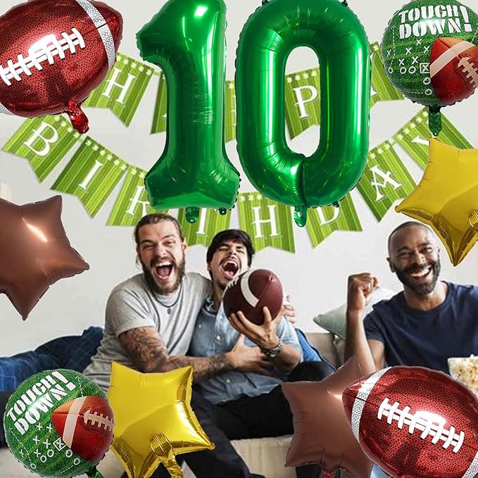 Football Balloons Foil Football Birthday Decorations Balloons Green Number 10 Balloon Gold Brown Star Touchdown Ballons for Rugby Birthday Decorations Sports Ballons Arch Kits Party Balloon Sets 10pcs
