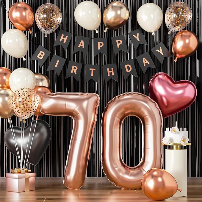 70th Birthday Decorations for Women - Rose Gold, Black and Hot Pink Party Supplies Set with Happy 70th Banner, Number 70 Balloons and Foil Fringe Curtains - 70 Year Old Celebration Kit