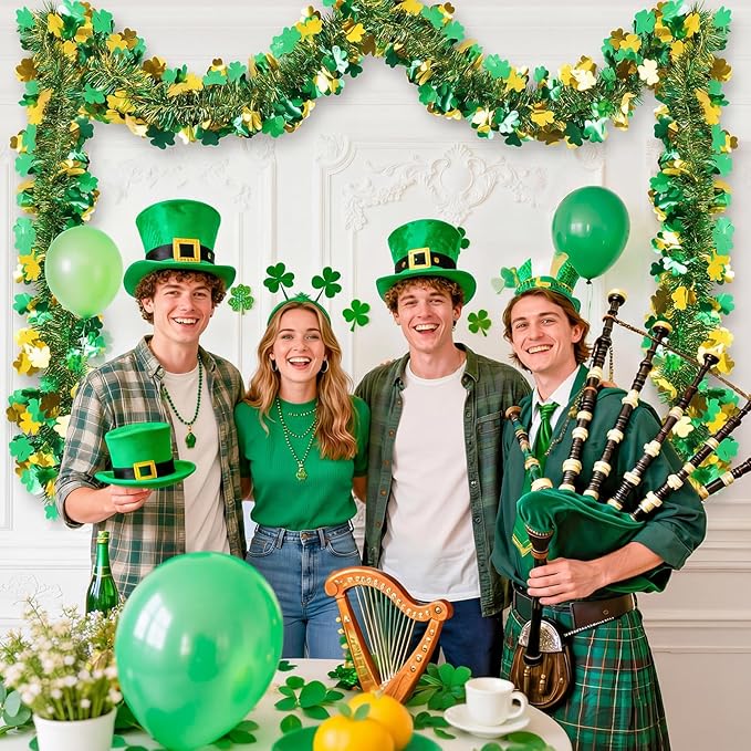 50FT St Patrick's Day Tinsel Garland, Green Gold Shamrock Clover Garland, Shiny Metallic Hanging Shamrock Streamer St Patricks Day Decorations Irish Decor