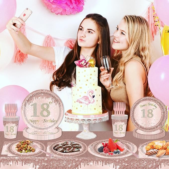 121Pcs 18th Birthday Party Supplies Plates Napkins Cups Forks Tablecloth Rose Gold Happy 18th Birthday Themed Disposable Tableware Decorations Serves 24 Guests for Girls 18 Years