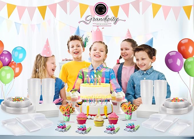 Grandipity 350 Piece Clear Disposable Dinnerware Set, Includes 50 of Each: 9" Dinner Plates, 7" Dessert Plates, 12oz Cups, Paper Napkins, Forks, Knives & Spoons