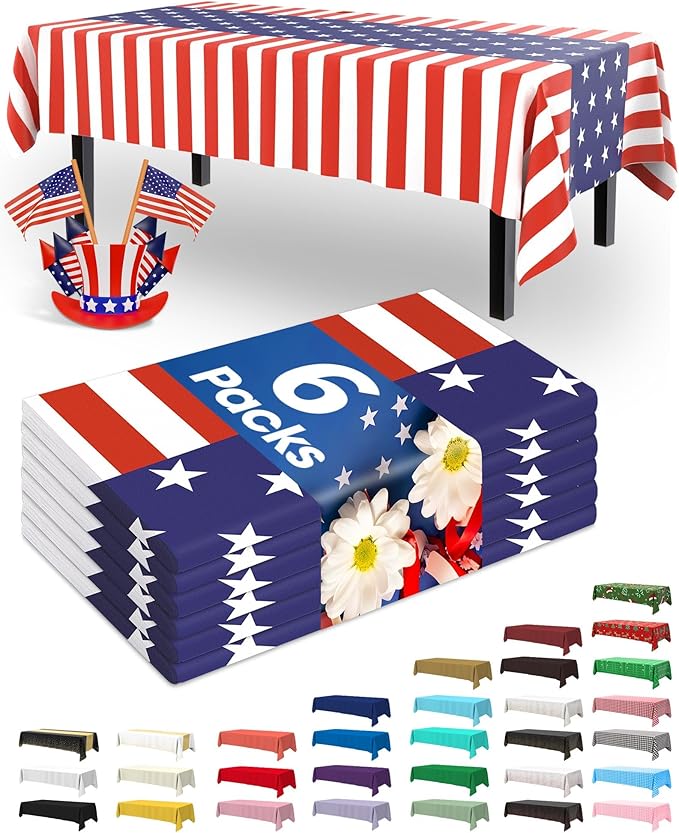 Pureegg 4th of July Decorations USA 250th Anniversary Plastic Tablecloth 6 Pack, Patriotic American Flag Waterproof Table Cover 54 x 108 Inch for Independence Day BBQ Picnic Party