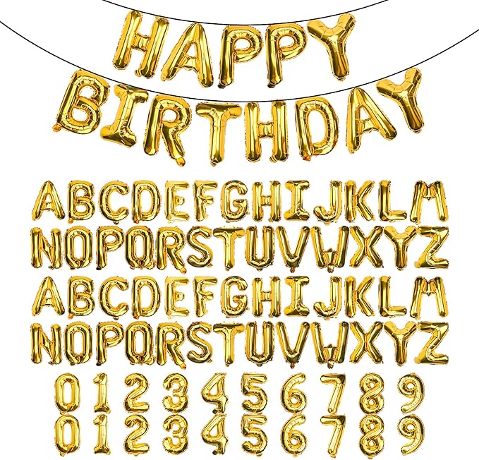 [85 PCS] 16" Gold Letter Number Balloons, Happy Birthday & 2 Sets of A-Z 0-9, Foil Mylar Aluminum Hanging Alphabet for Graduation New Year eve Birthday Party Decorations