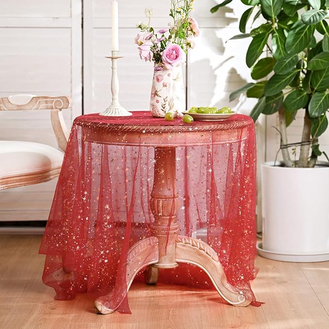 Horaldaily Red Gold Sparkling Star Gauze Tablecloth 60x84 Inch Rectangular, Golden Star Sequin Glitter Metallic Foil, Sheer Tulle Cheesecloth for Wedding Baby Shower Party