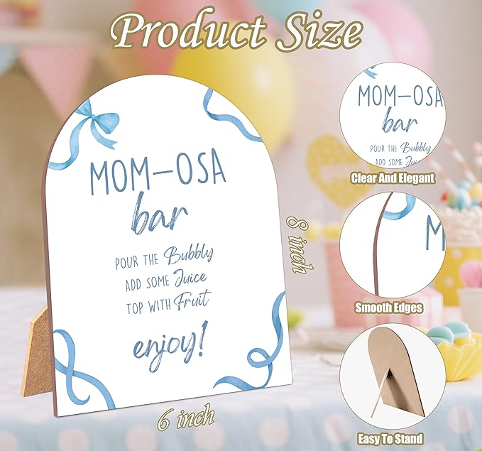 Blue Bow Mom-osa Bar Sign for Baby Shower, 6x8 Inch Arch Wooden Sign with Stand, Blue Baby Shower Table Sign, Gender Neutral Party Decoration - QW14