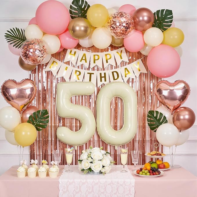 50th Birthday Decorations for Women, Retro Sand White and Cream Balloon Garland Kit, Cream Number 50 Balloon, Pink Happy 50th Banner, Milestone Party Supplies