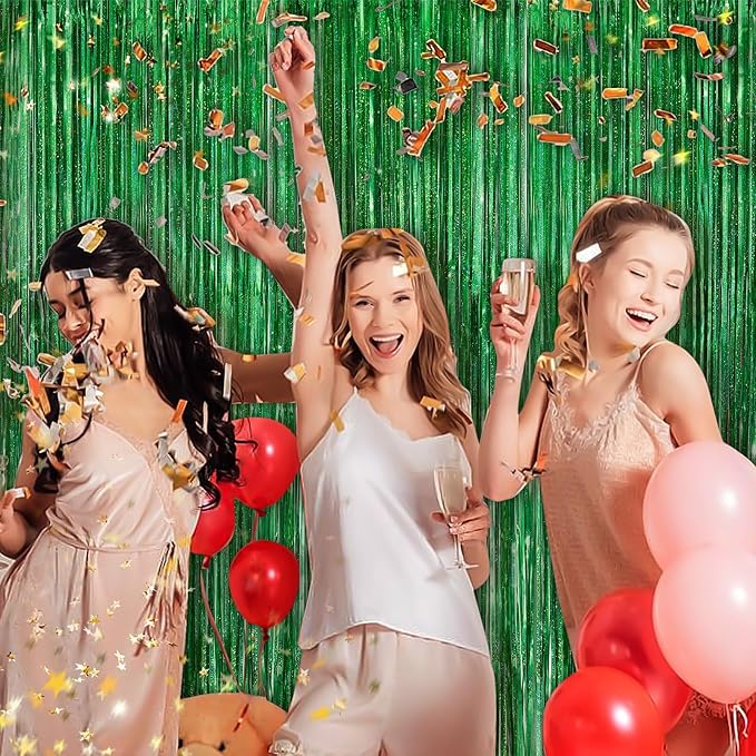 Green Metallic Tinsel Foil Fringe Curtains, 4 Pack 3.3x8.3 Feet Party Streamer for Birthday Party Decorations, Halloween Decor, Foil Curtain for Bachelorette Party