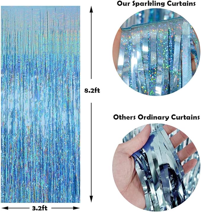 Foil Fringe Curtains Easter Decorations for Home - Melsan 3 Pack 3.2 x 8.2 ft Tinsel Curtain Party Photo Backdrop for Birthday Party Baby Shower or Graduation Decorations Light Blue