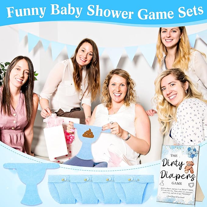 Roowest 51 Pcs Dirty Diaper Baby Shower Games Funny Wooden Sign with 50 Pcs Mini Diapers Cute Felt for Gender Reveal Party Baby Shower(Bear Blue)