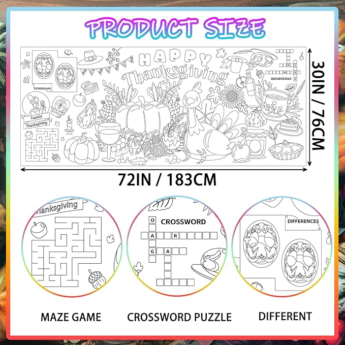 Thanksgiving Giant Coloring Poster,72 x 30 Inches Large Fall Thanksgiving Tablecloth/Banner for Kids DIY Coloring Tablecovers Gifts Turkey Pumpkin Fruits Fall School Classroom Home Party Supplies