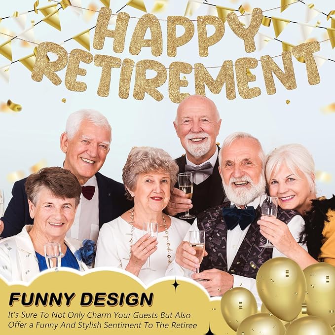Fulmoon Pre Strung Happy Retirement Banner Glitter Retirement Sign Funny Official Retired Decor Party Decorations Supplies for Men Women Gifts (Champagne Gold)
