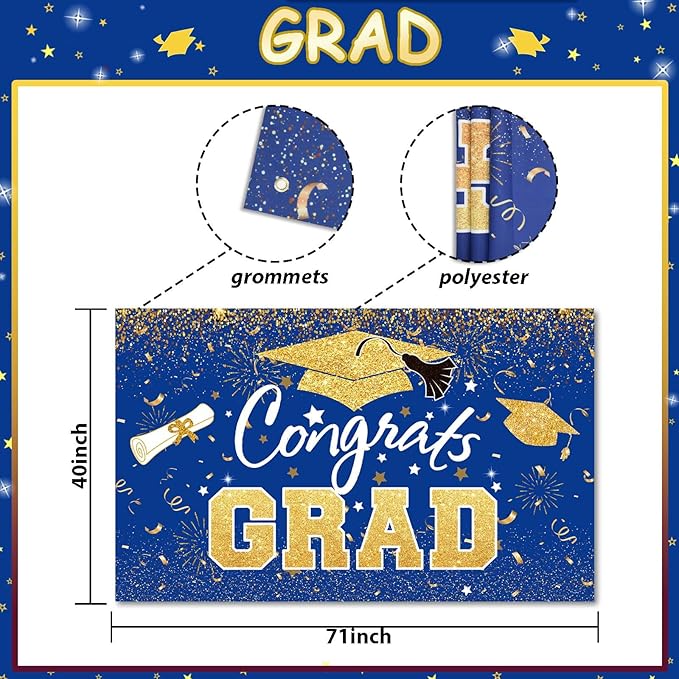 Graduation Party Decorations - Blue Gold Congrats Grad Class of 2026 Backdrop Banner Large Sign Wall Decorations Photography Background Party Supplies for 2026 Graduation Party Decorations