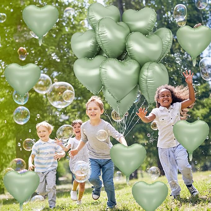 Sage Green Heart Foil Balloon, 10PCS Olive Green Heart Helium Balloons, Light Green Heart Shaped Foil Balloons for Jungle Safari Party Birthday Graduation Garden Wedding Baby Shower Party Decorations