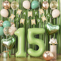 Sage Green 15th Birthday Decorations for Quinceanera, Mis Quince Party Supplies with Green Number 15 Balloon, Sand White & Cream Balloon Kit and Fringe Curtains