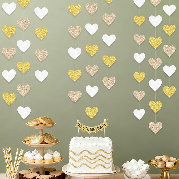 Heart Party Decorations Glitter Gold Champagne Gold White Paper Love Heart Hanging Garland Streamer Banner for Birthday Wedding Engagement Anniversary Valentines Day Baptism Baby Shower Party Supplies