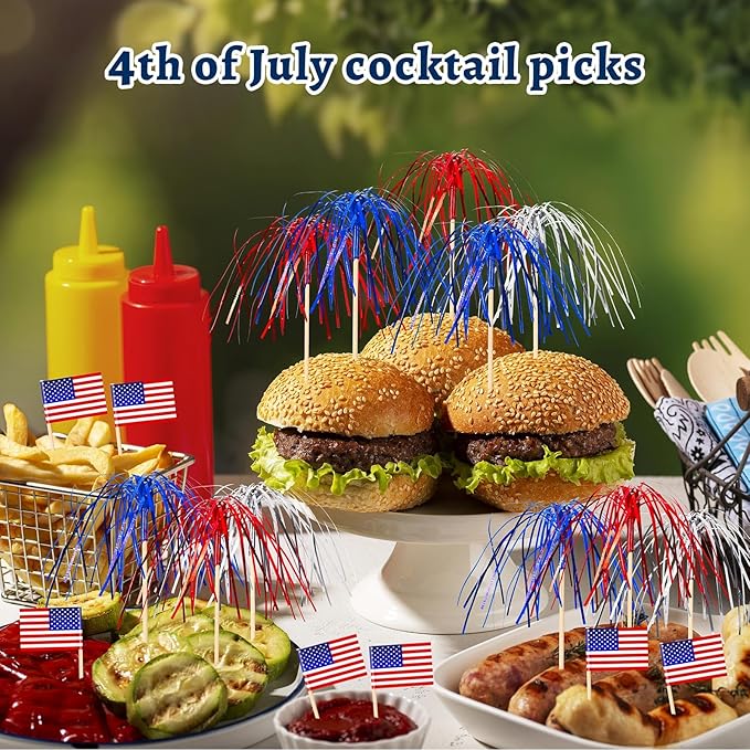 200Pcs 4th of July Cupcake Toppers, Patriotic Firework Cocktail Picks Independence Day American Flags Toothpicks Fruit Skewers for 4th of July Party Drinks Red White and Blue Decorations