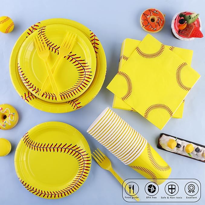 durony 144 Pieces Softball Paper Plates and Napkins Dinnerware Set Softball Birthday Party Tableware Supplies Includes Paper Plates Napkins Forks Serve 24 for Sports Party Supplies