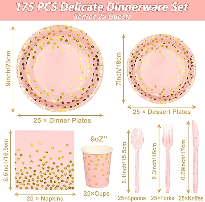 175 Pcs Pink and Gold Party Supplies, Serves 25 Pink Gold Foil Dot Disposable Dinner Tableware Set Gold Plastic Forks Spoons Knives Plates Napkins Cups Party Supplies for Birthday Wedding Graduation