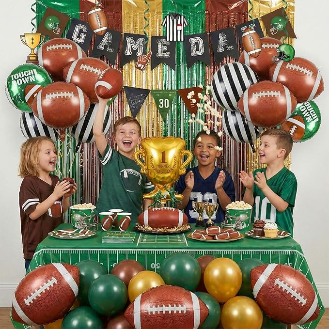 Football Balloons dark green brown Balloons with Banner Hanging Swirl Fringe Curtain Goal Post Football Balloons for Sports Birthday Boys first year touch down party decorations
