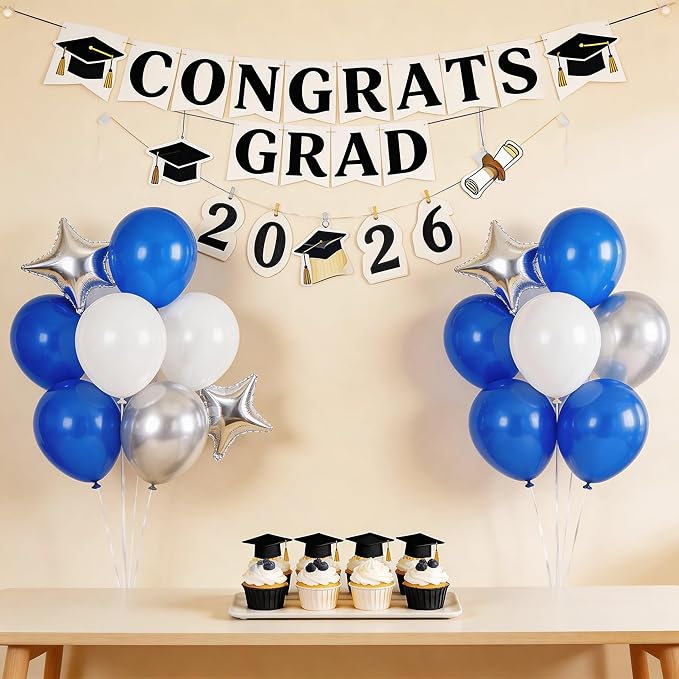 Royal Blue and Silver Balloons for Graduation Party Decorations, 12In Dark Navy Blue and White Balloons with Metallic Silver Star Balloon for Graduation Father's Day Birthday Baby Shower Party Decor