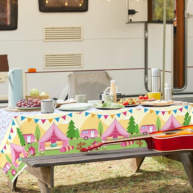 Table Cover Party Decor - 3 Pack Pink Camping Themed Disposable Plastic Rectangle Table Cloths Birthday School Christmas Holiday Party Favors Classroom Decoration Supplies Games Activities