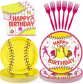 96Pcs Softball Birthday Party Supplies Sport Themed Plates and Napkins Pink Yellow Softball Disposable Paper Tableware Set for Girls Kids Teens Birthday Holiday Party Supplies Serves 24