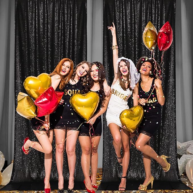 PartyDelight Black Sequin Backdrop 5x10ft 2 Panels - High Density 3mm Shimmer Sequin Background with 4-Inch Rod Pocket, Sparkly Photography Curtain for Prom, Gala, Stage & Event Decor