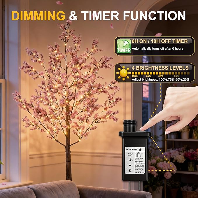 LIGHTSHARE 6FT Lighted Cherry Blossom Tree with 171 LED Warm White Lights, Artificial Sakura Tree with Dimmable Timer Transformer, Indoor Outdoor Decorative Tree with Ground Stakes