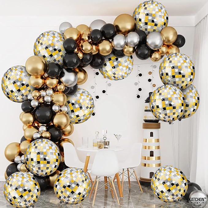 KatchOn, Huge Disco Ball Balloons -22 Inch, Pack of 12 | Black And Gold Disco Balloons for Disco Party Decorations | 360 Degree 4D Sphere Disco Balloon | Graduation Decorations 2025