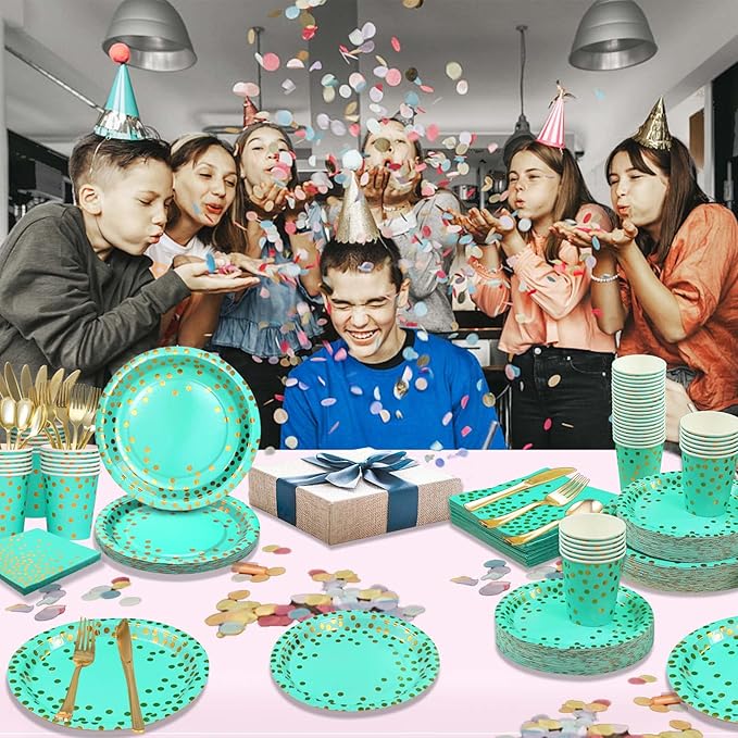 168PCS Teal Party Plates and Cups and Napkins sets,Teal Paper Plates Party Supplies Bulk with Gold Cutlery Serve 24 Guests for Bridal Shower Birthday Wedding Decorations