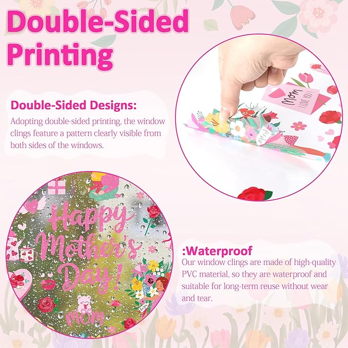 90 PCS Mothers Day Decorations, 9 Sheets Mothers Day Window Clings, Double-Sided Flower Window Clings with Carnations Hearts Boxes Designs, Mom Decorations for Glass Home Office School Party