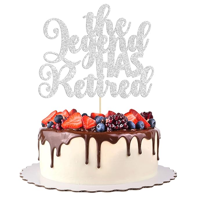 Gyufise 1Pc The Legend Has Retired Cake Topper Glitter Going Away Cupcake Pick for Happy Farewell Retirement Theme Party Cake Decorations Supplies Silver