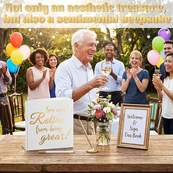 2026 Retirement Guest Book with 2 Markers 8.7'' Square Hardcover Blank Guest Photo Signing Memory Book Happy Retirement Gift Party Supplies for Women Men Teacher Grad Decor(White,Cute)