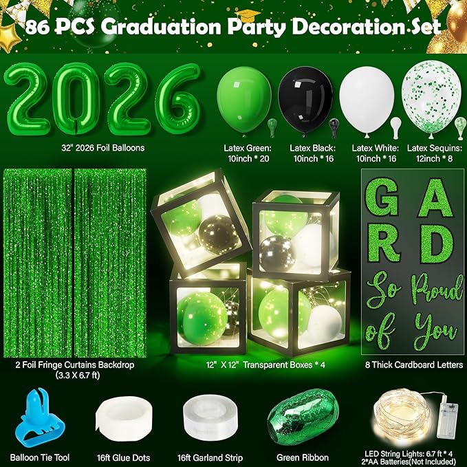 Graduation Party Decoration Class of 2026, 86PCS Green & Black Graduation Party Supplies High School College Grad Balloon Boxes with Letter, Foil Curtain, LED String Light, Balloon Garland Kit