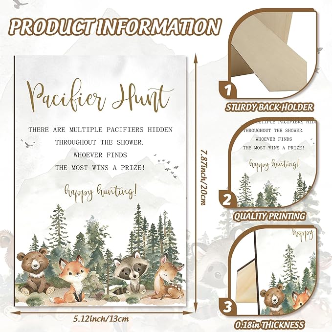 Whaline 51 Pcs Woodland Animals Pacifier Hunt Baby Shower Game Include Wooden Sign 50 Brown Plastic Pacifier for Gender Reveal Party Favor Gift Supplies