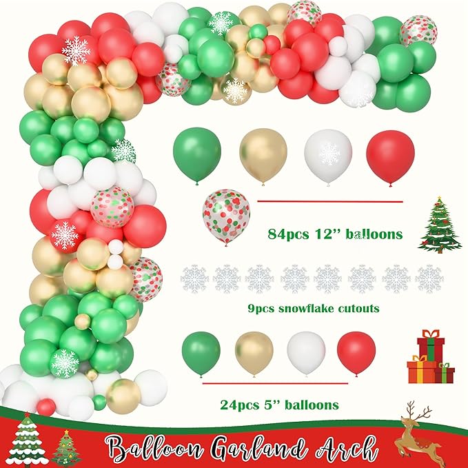 Merry Christmas Party Decorations Kit, Christmas Balloon Garland Arch With Red Green Gold Snow Santa Party Supplies Banner Topper Backdrop Tablecloth - Winter Holiday Indoor Outdoor Home Decor