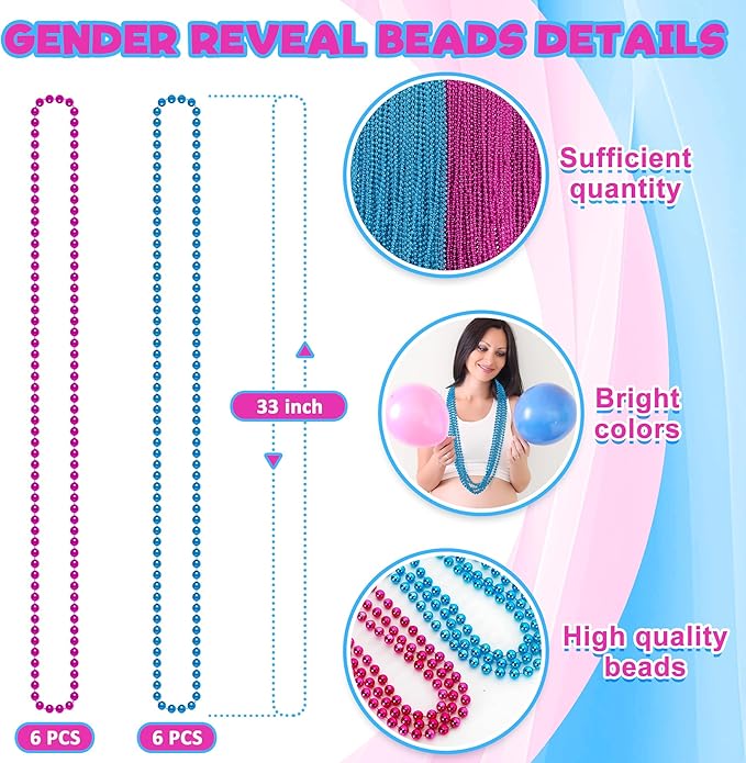 Gender Reveal Beads Decorations, 12PCS Pink Blue Gender Reveal Necklaces, 33" Round Beads Necklace Baby Gender Reveal Ideas, unisex adult Gender Reveal Party Accessories Sets Celebrations Decorations