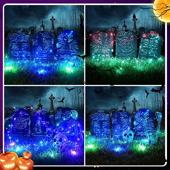3 Pcs Halloween Tombstones Decoration with Green Lights, Blue Lights, Plastic RIP Grave Yard Signs Outdoor Garden Party Decor