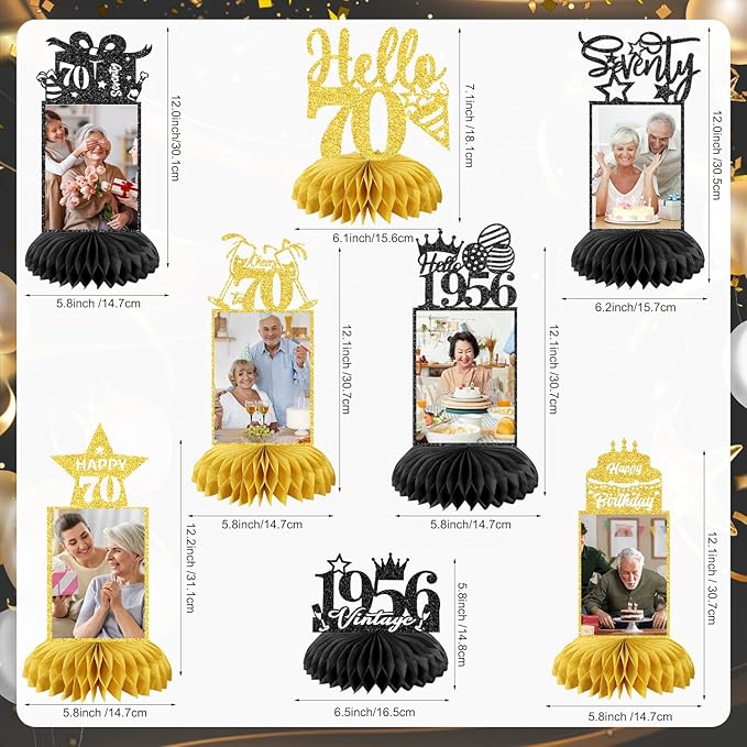 8Pcs 70th Birthday Decoration for Men Women Happy 70th Birthday Honeycomb Centerpieces 70th Birthday Table Decorations Black and Gold Cheers to 70 Years Decor Birthday Party Favors