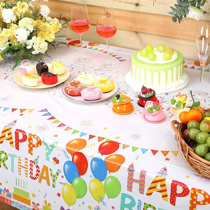 4 Pcs Happy Birthday Tablecloth 54'' x 108'' Disposable Birthday Table Cover Plastic Colorful Balloons for Kid Boy Girl Party Decoration Supplies(White)