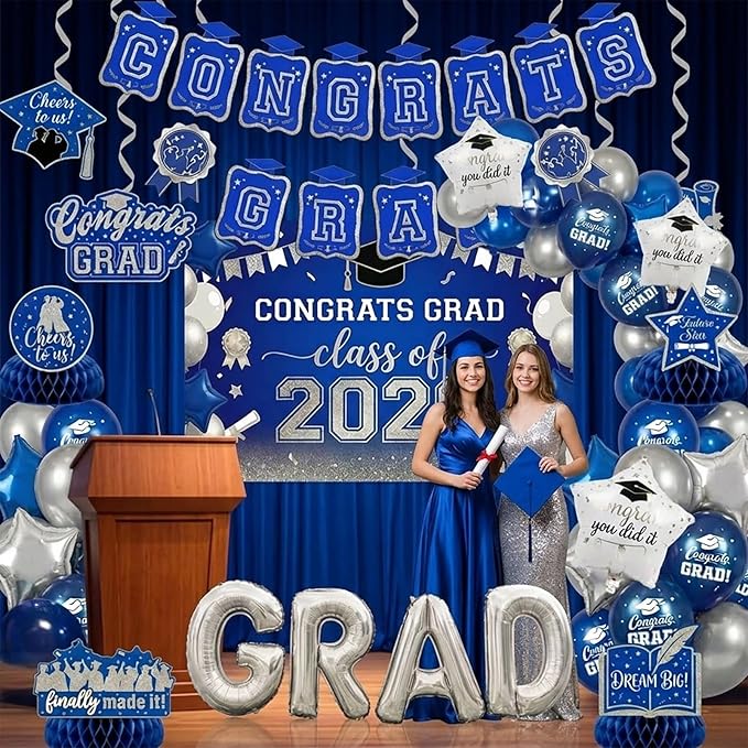 Royal blue silver Balloons GRAD Print Balloons with Banner Table Honeycomb Centerpieces Hanging Swirl backdrop Stars Graduation Cap GRAD Letters Mylar Balloons for 2026 graduate Prom Decorations