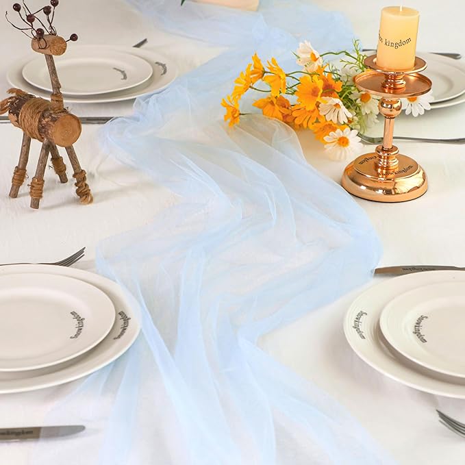 Snowkingdom Light Blue Table Runner 10FT, Baby Blue Sheer Cheesecloth Gauze Runner 120 Inch, Rustic Boho Party Table Decoration for Wedding Bridal Baby Shower Birthday Christmas Winter Holiday