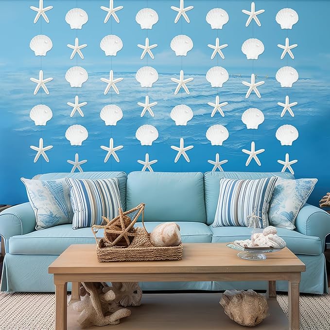 Xinnun Coastal Party Decorations White Finger Starfish and Seashell Garland Ocean Nautical Theme Cutouts Ribbon Streamers for Under The Sea Beach Mermaid Birthday Beach Wedding Decor