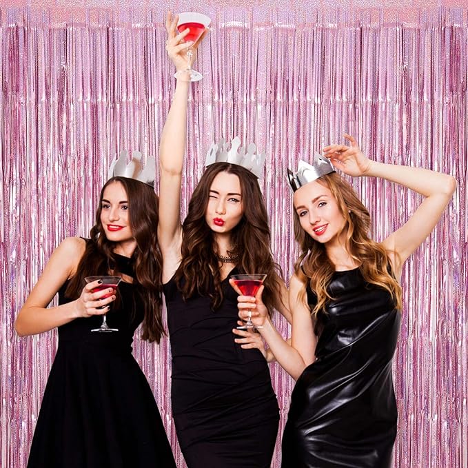 Pink Tinsel Foil Fringe Curtain Backdrop, 3.3 x 8.2 ft Metallic Glitter Curtain Streamers, 2 Pack Pink Photoboth for Birthday Bridal Shower Valentines Day Party Decorations