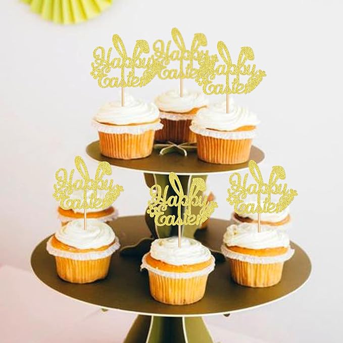 Ercadio 24Pcs Happy Easter Cupcake Toppers Glitter Golden Happy Easter Bunny Ears Cupcake Picks for Easter Day Theme Baby Shower Easter Birthday Party Cupcake Decorations