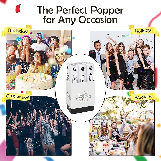 12" Biodegradable Confetti Cannons | 6 Pack Confetti Poppers for Weddings, Birthdays & Parties | Air-Powered Party Poppers Shoot 25 Feet | Safe for Indoor & Outdoor